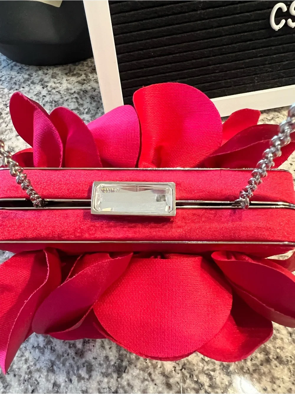 White House Black Market Red Satin 3D Rose Flower Evening Clutch Bag Formal